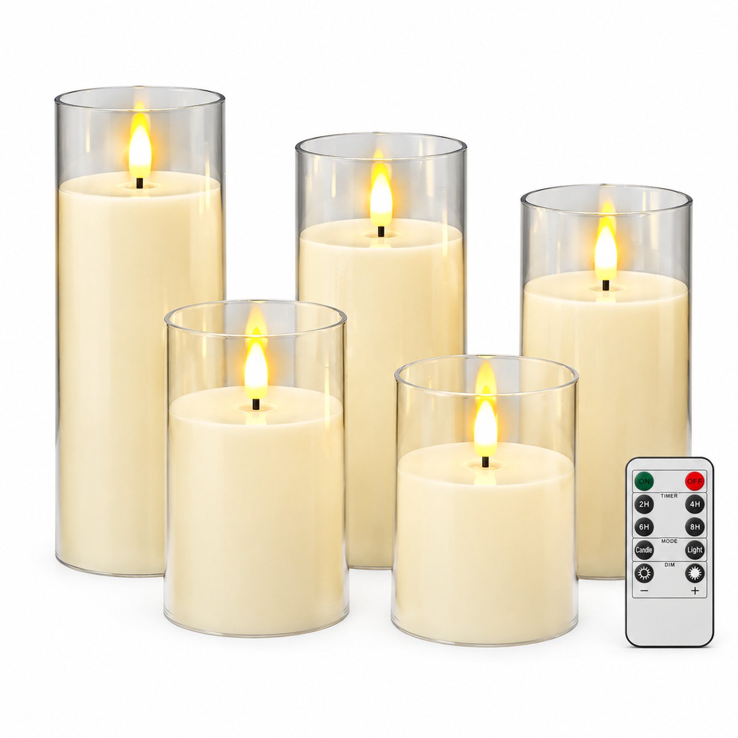 SWGOTA led kaarsen set van 5 met afstandsbediening, ivoorkleurig met transparante cilinder en vlamvorm, voor feestdecoratie