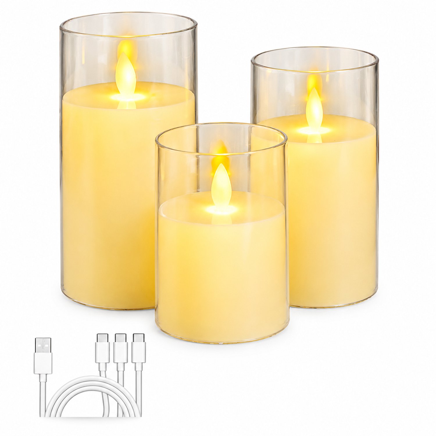 SWGOTA elektrische kaarsen, oplaadbare set van 3 met bewegende vlam en transparante cilinder, diameter 7,5 cm, hoogtes 10/12,5/15 cm Crème