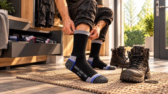 Persoon trekt zwarte Sukats Craft Pro werksokken aan met grijze en blauwe accenten, maat 39-42, bij bruine werklaarzen.