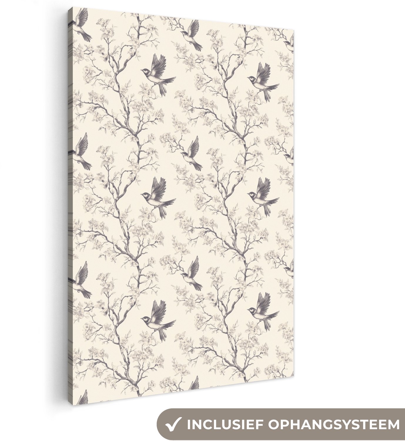 Canvas schilderij 100x150 cm - Exclusieve wanddecoratie Takken - Vogels - Beige - Muurdecoratie woonkamer - Slaapkamer decoratie - Kamer accessoires - Schilderijen op canvas groot XXL