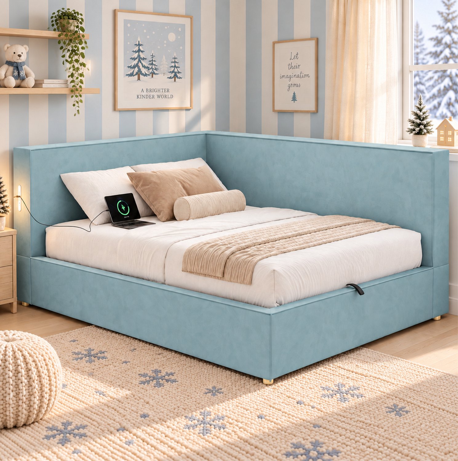 MODFU Bed Met Hydraulische Opbergruimte En Lattenbodem - Fluweel - Blauw - 140 X 200 Cm