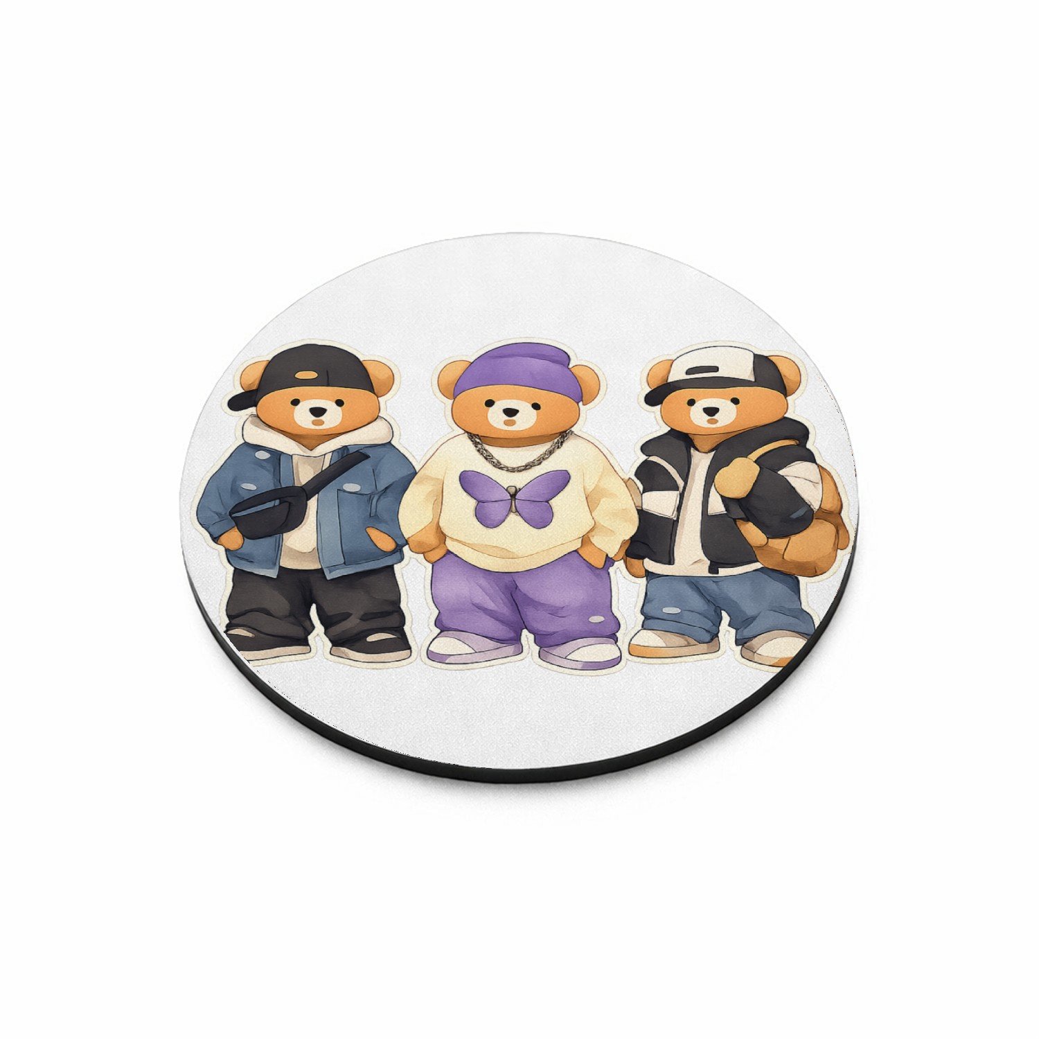 Mr Cadeautjes MDF magnetische fotolijst rond Ø 9,5 - design Een trio van konijnen als hippe stadsfiguren met jassen, pet | cadeau Wit