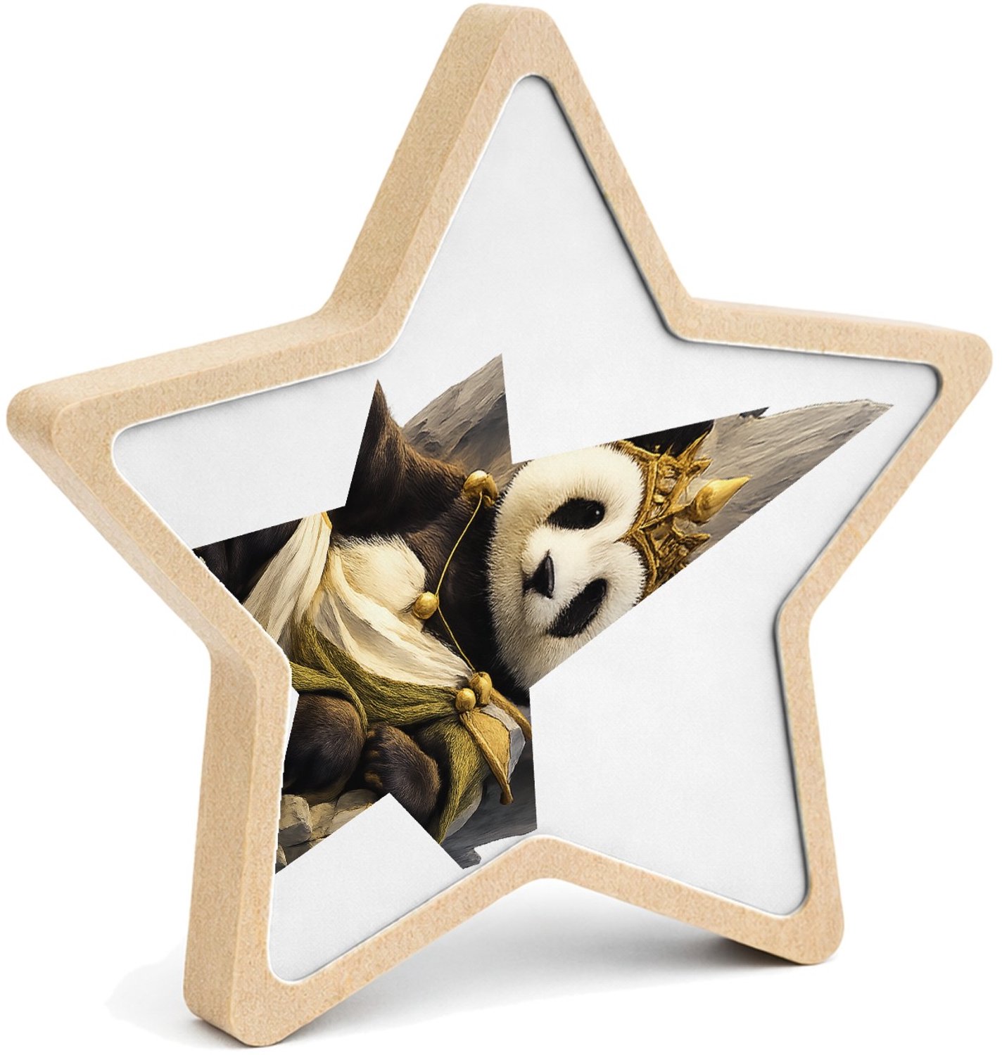 Mr Cadeautjes MDF fotolijst ster 14 x 13,5 - design Een trotse panda op een minimalistische bergtroon met wind e | cadeau Wit