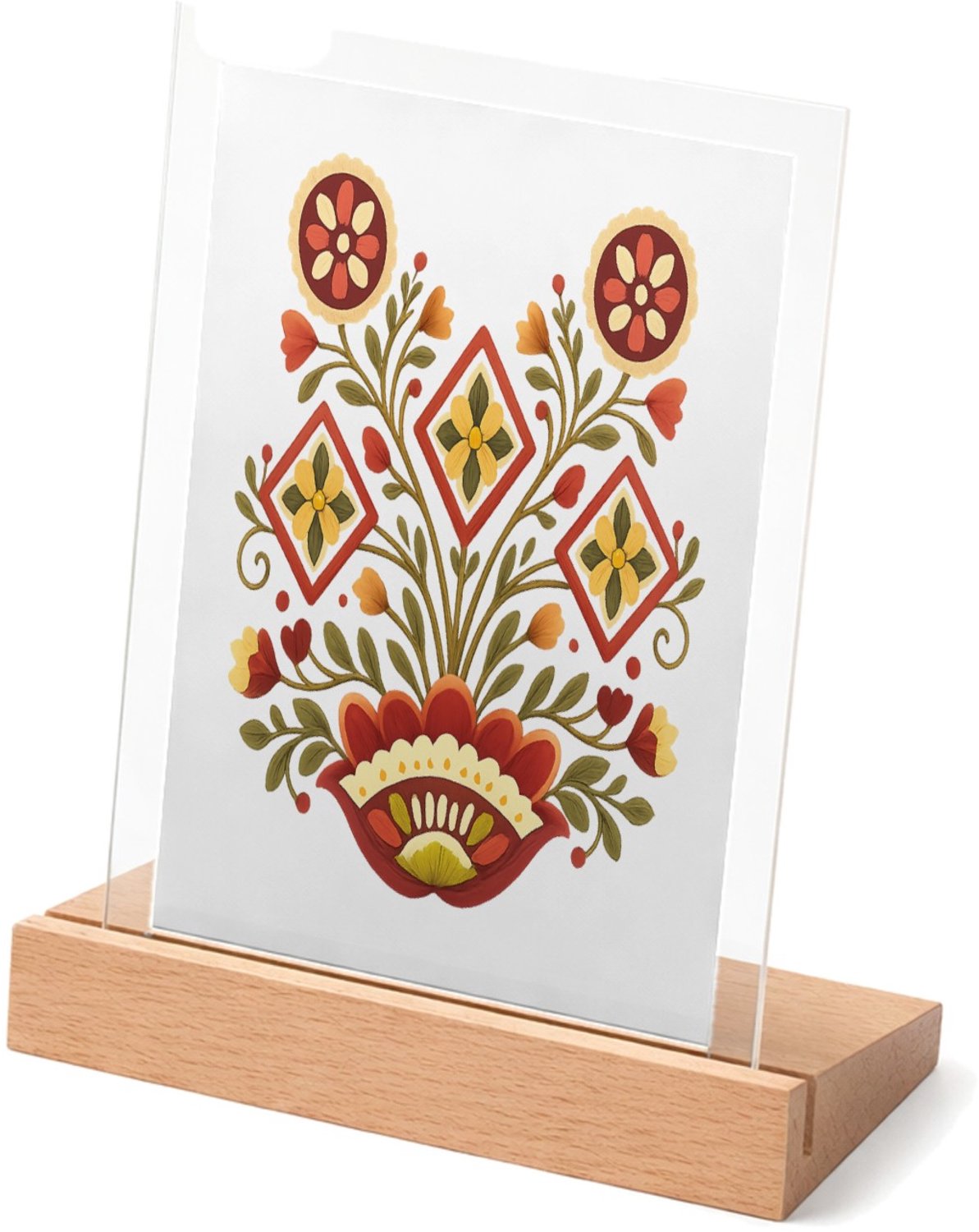 Mr Cadeautjes Glasframe met vaste tekst - design Een zonvormig botanisch medaillon met compacte, strakke symm | cadeau Wit