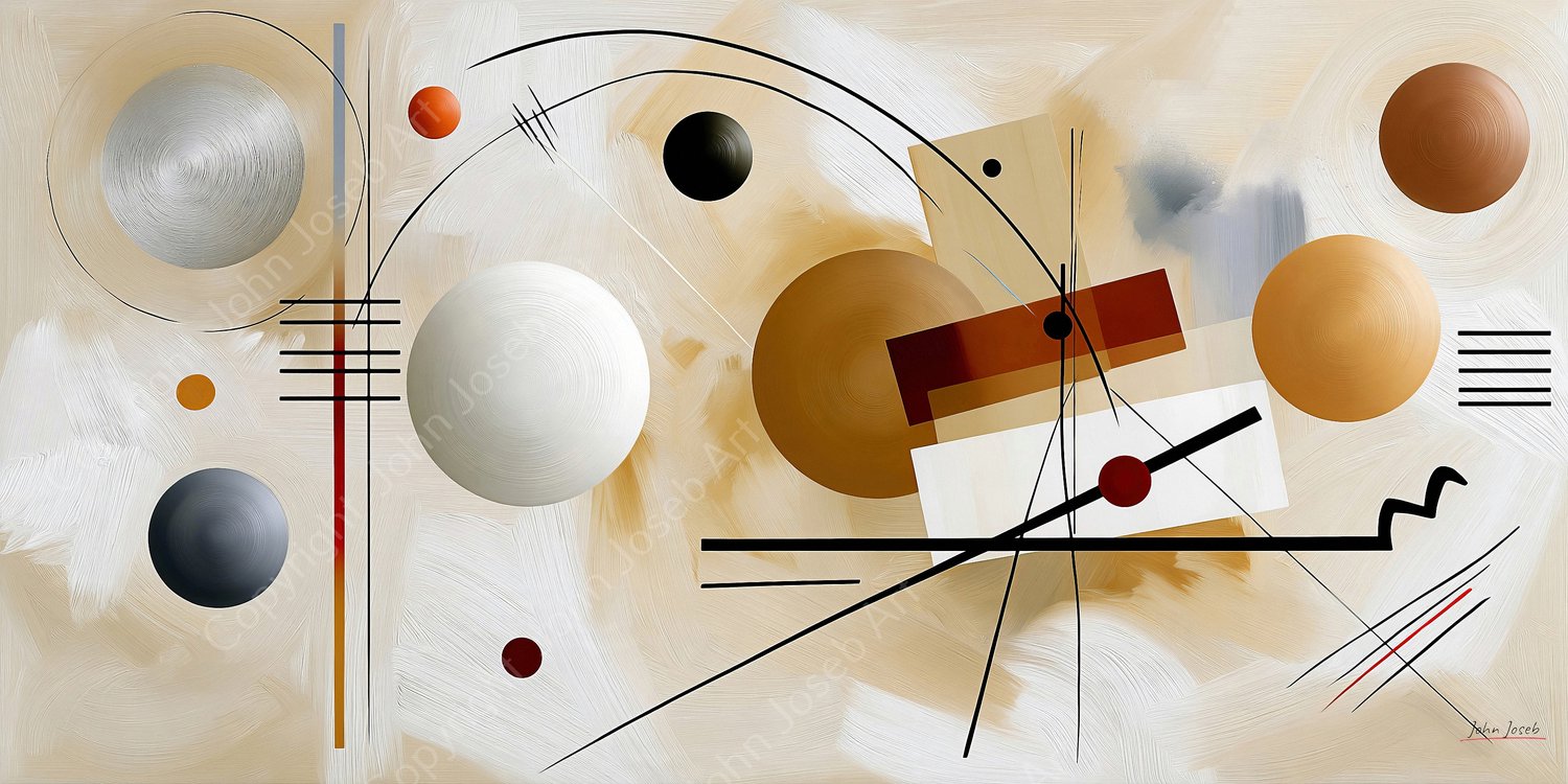 John Joseb Art (Glas) 100x50 | Abstract, Kandinsky stijl, panorama, Japandi, ronde vormen, strepen, kunst, wit, grijs, bruin, beige, blauw, modern | Foto-schilderij-glasschilderij-acrylglas-acrylaat-wanddecoratie Acrylglas, dikte 5 mm