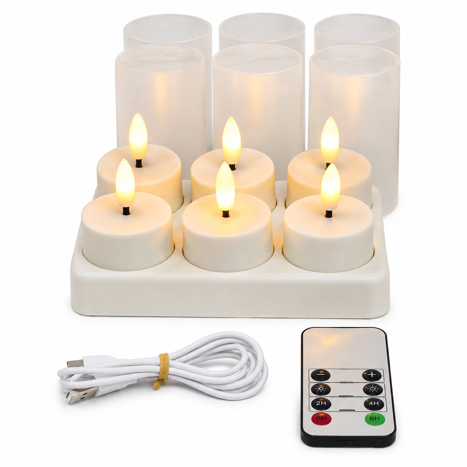 SWGOTA elektronische kaarsen - 6 oplaadbare theelichtjes met warm licht, cups, laadstation met 6 plaatsen, afstandsbediening en laadkabel Wit