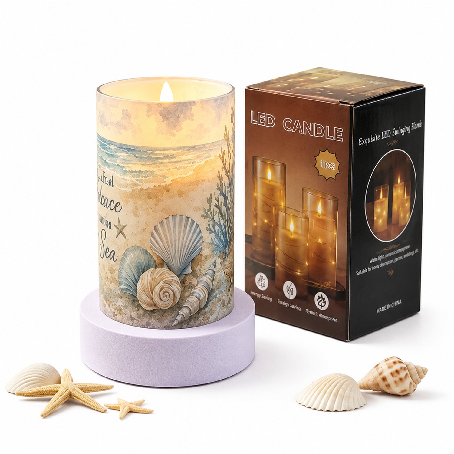 SWGOTA led kaarsen met bewegende vlam - 1 stuk met oceaanprint, 7,5 × 12,5 cm, kunststof, in doos, zonder batterijen Blauw