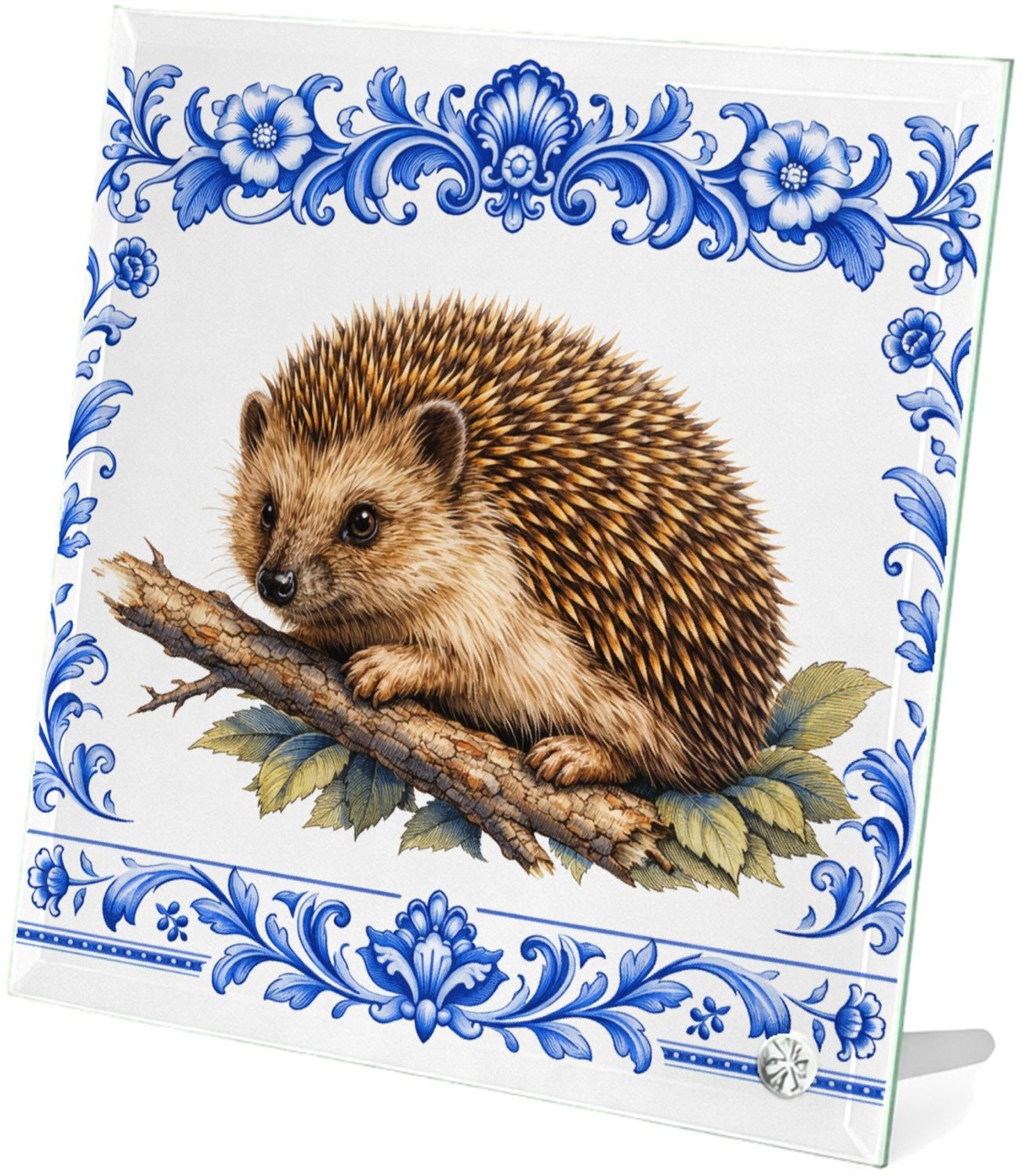 Mr Cadeautjes Glasframe 20 x 20 - design Een realistische egel op een tak of tussen bladeren, omringd | cadeau Wit