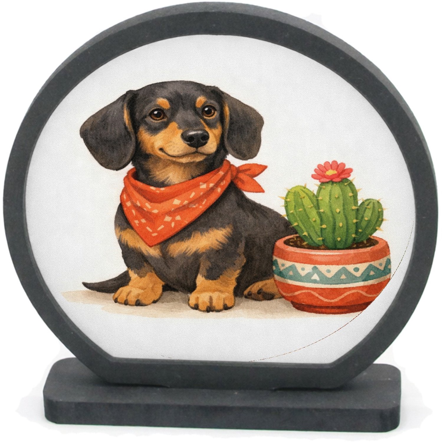 Mr Cadeautjes Houten fotolijst rond met MDF inleg - design Een eigenwijze teckel met een bandana, naast een kleine cact | cadeau Wit