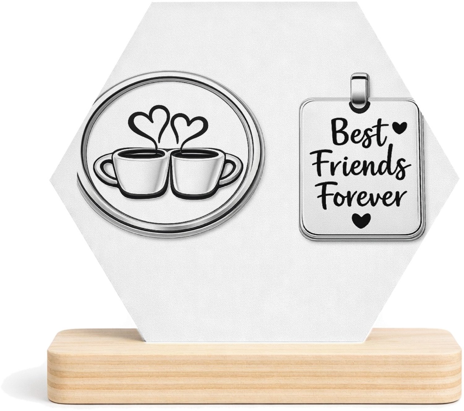 Mr Cadeautjes MDF fotolijst/inleg hexagon 14 x 13 - design Een minimalistische vriendschapsbadge met een eenvoudige ill | cadeau Wit