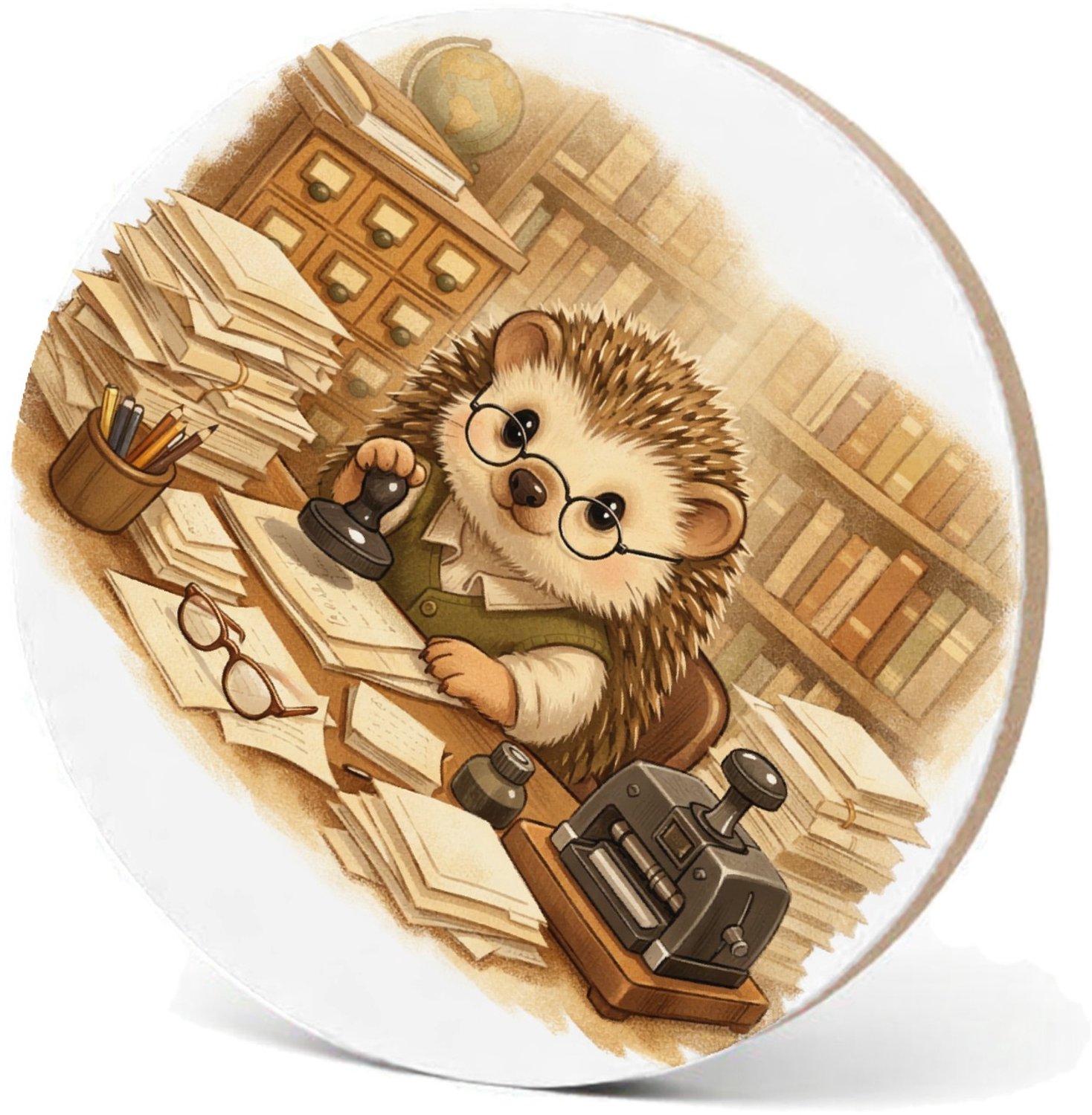 Mr Cadeautjes MDF fotolijst - design Een egel als bibliothecaris tussen hoge boekenkasten, met te | cadeau Wit