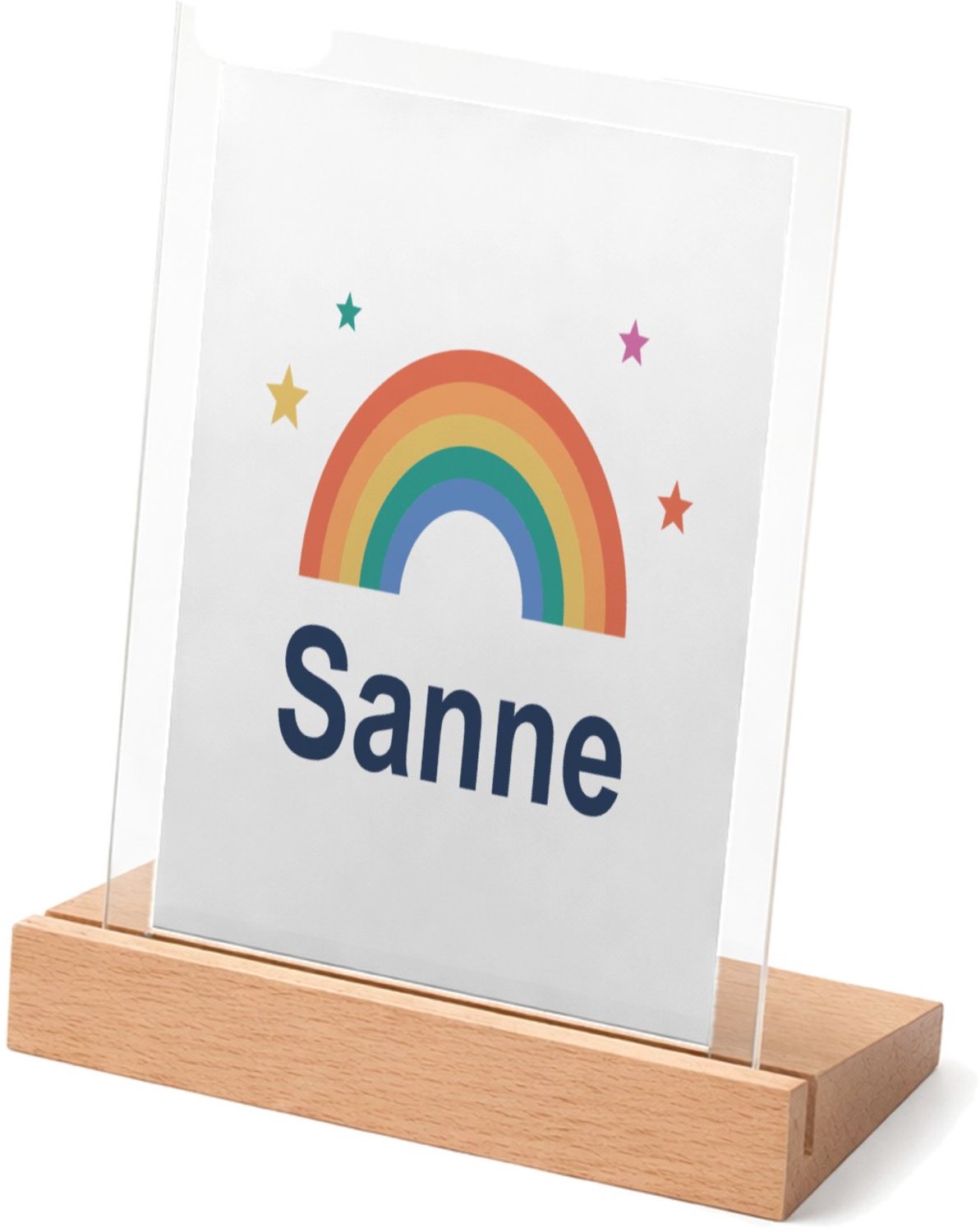 Mr Cadeautjes Glasframe met vaste tekst - design Regenboog met naam Sanne | cadeau Wit