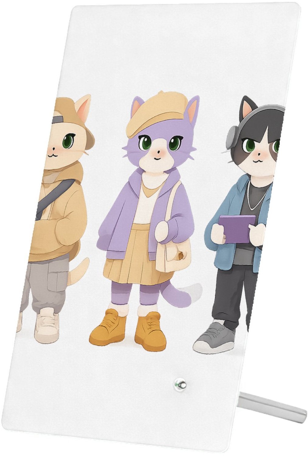 Mr Cadeautjes Glasframe 11 x 16 - design Drie modieuze katten in pastel-outfits, elk met een andere h | cadeau Wit