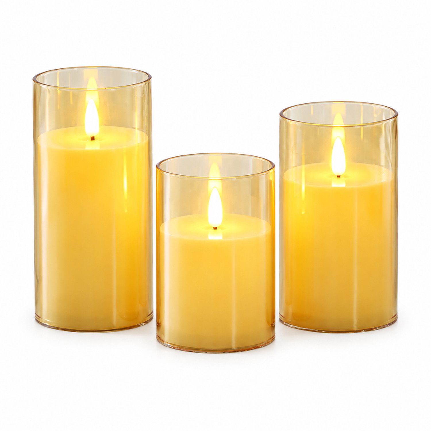 SWGOTA led kaarsen, set van 3, bruin met vlakke bovenrand en puntvormige vlam, diameter 7,5 cm, hoogtes 10/12,5/15 cm, voor feestdecoratie