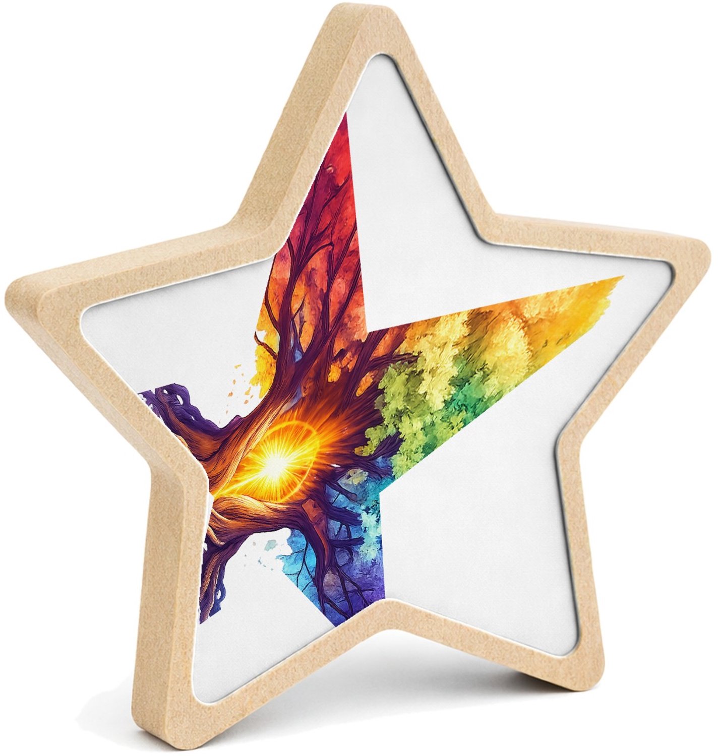 Mr Cadeautjes MDF fotolijst ster 14 x 13,5 - design Een magische berglandschap-bewerking met een centrale lichtb | cadeau Wit