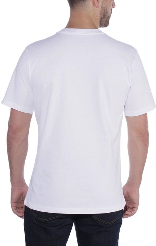 Model op de rug gezien met een effen wit t-shirt met ronde hals.