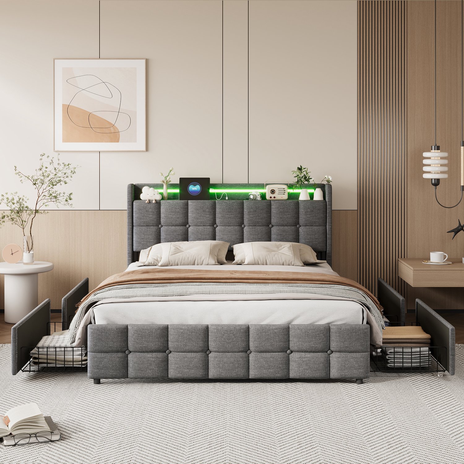 Mofor Gestoffeerd Opbergbed 160x200 cm met 4 Lades, LED-verlichting en USB - Hoofdbord met Opbergruimte - Linnen - Grijs