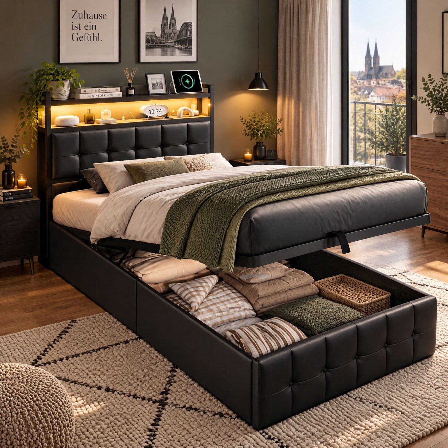 Mofor Gestoffeerd Eenpersoonsbed 90x200 cm met LED-verlichting en USB - Kunstleer - Zwart
