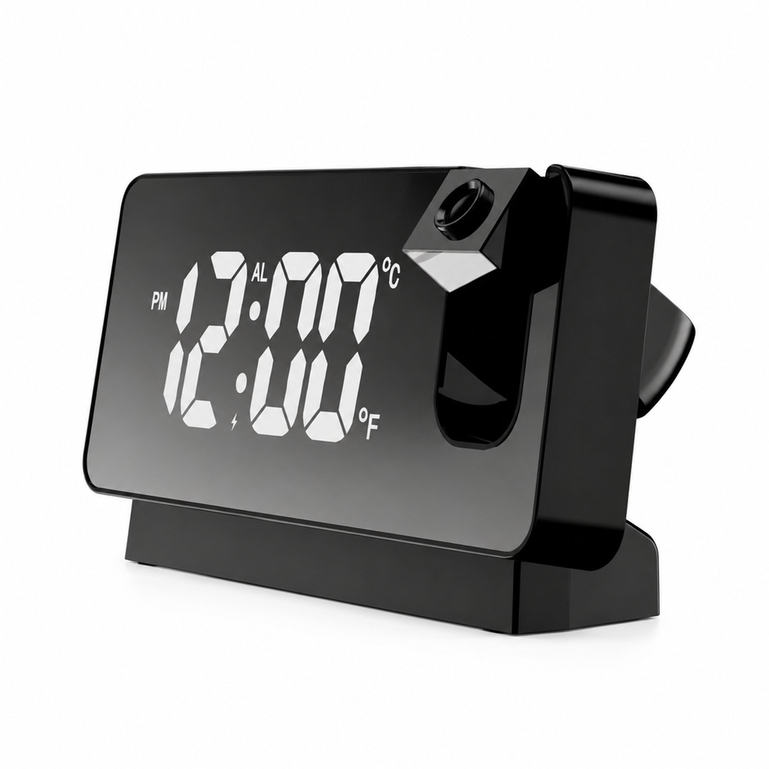Zwarte digitale wekker met wit LED-spiegeldisplay en tafelvoet - inclusief USB-kabel, handleiding en beschermzakje