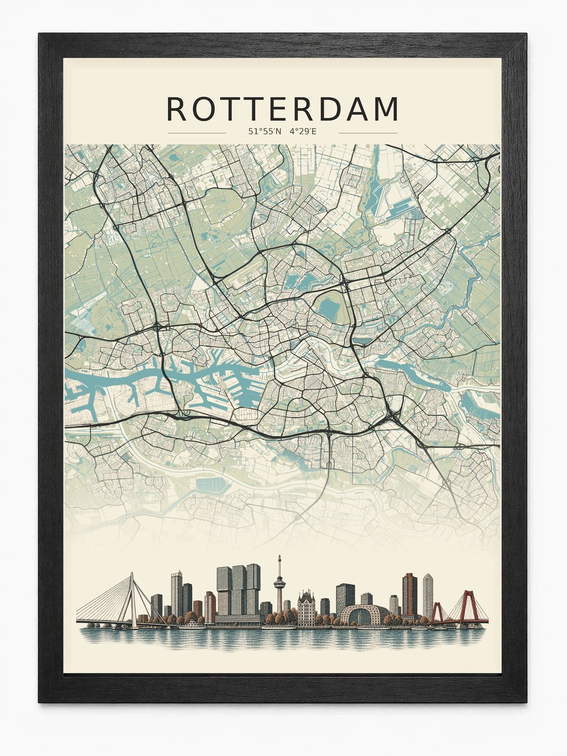 Joshimo Rotterdam Stadskaart Poster | Vintage Kaart met Skyline | Inclusief Zwarte A4 Lijst