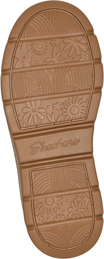 Bruine Skechers schoenzool met bloemmotieven en het Skechers-logo in reliëf.