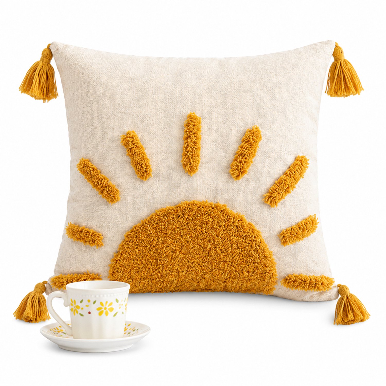 SWGOTA Katoenen kussenhoes 45 x 45 cm met getufte zon en hoekkwastjes - 1 stuk, zonder binnenkussen Beige