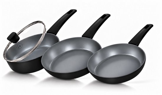 BE Living 3-delige pannenset met twee koekenpannen en een hapjespan met glazen deksel, zwarte keramische antiaanbaklaag.