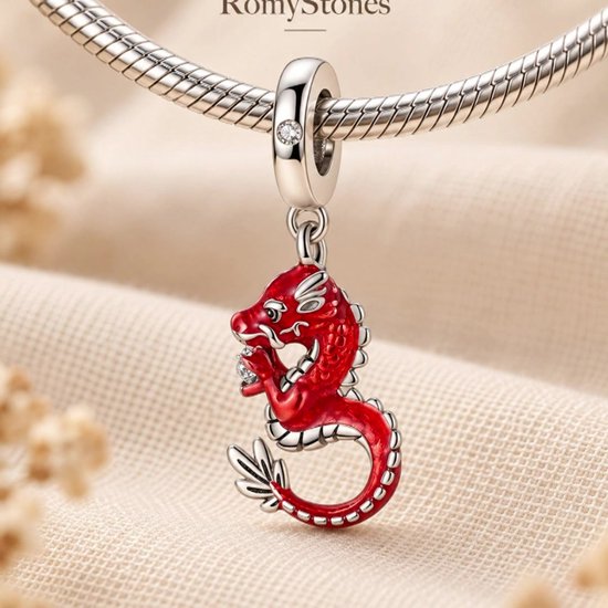 Rode Drakenbedel - 925 Sterling Zilver - Hangbedel voor Bedelarmband - Draak - RomyStones