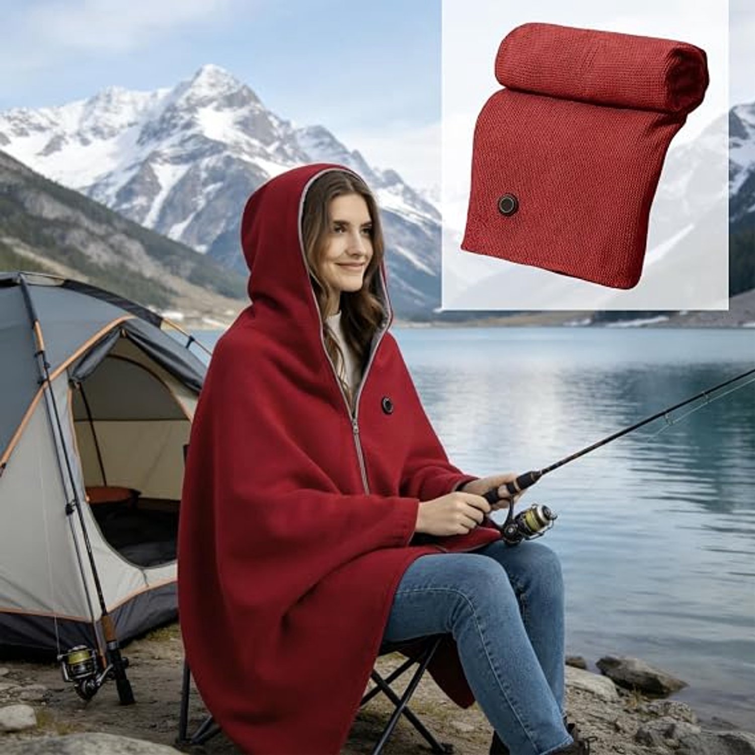 Elektrische deken - Verwarmde deken in cape-stijl - Verwarmde Schoudermantel - Verwarmde Hoodie Deken - Verwarmde deken - 3 Standen - USB-opladen - Snelle verwarming - Kerstcadeau - Geschikt voor gebruik buitenshuis en binnenshuis - Rood - 150x80cm – foto 6