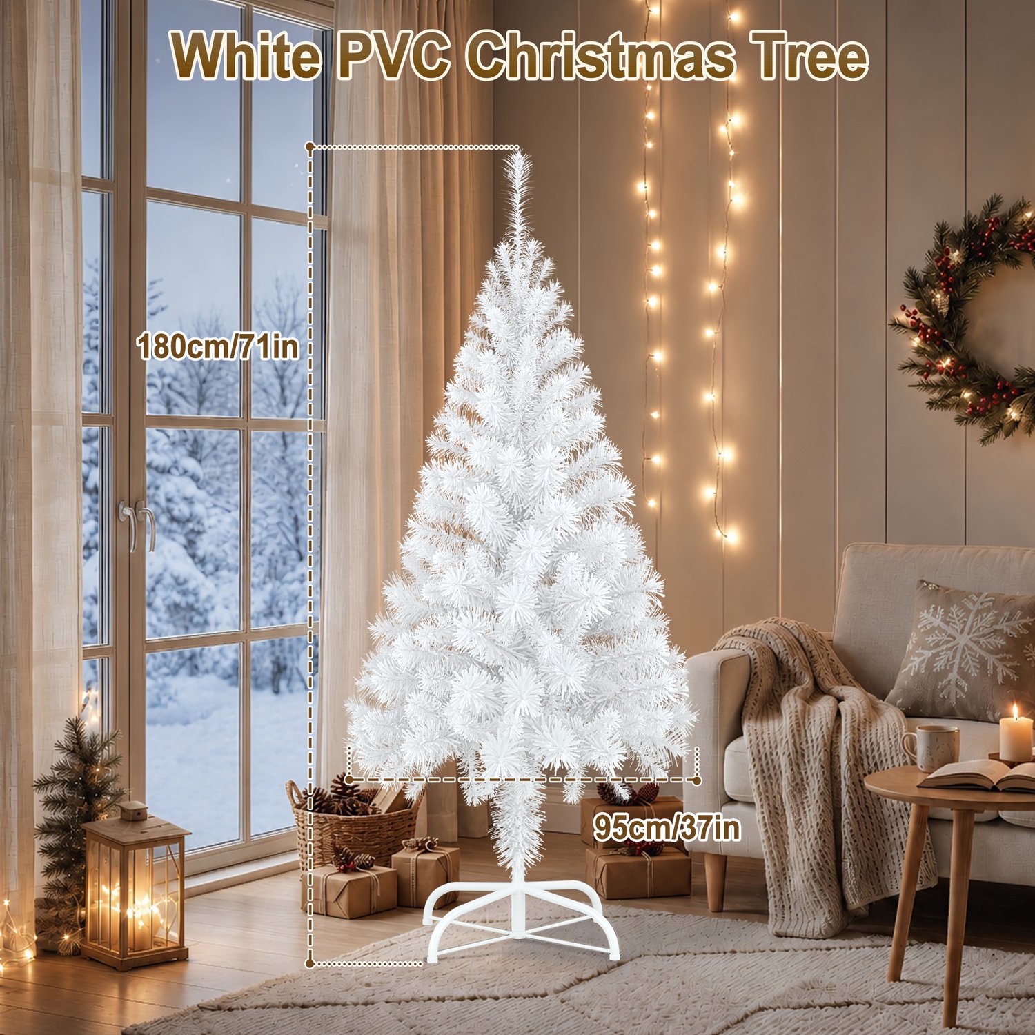 Kerstboom – 180cm Kunstkerstboom – Wit PVC – met Standaard – foto 2