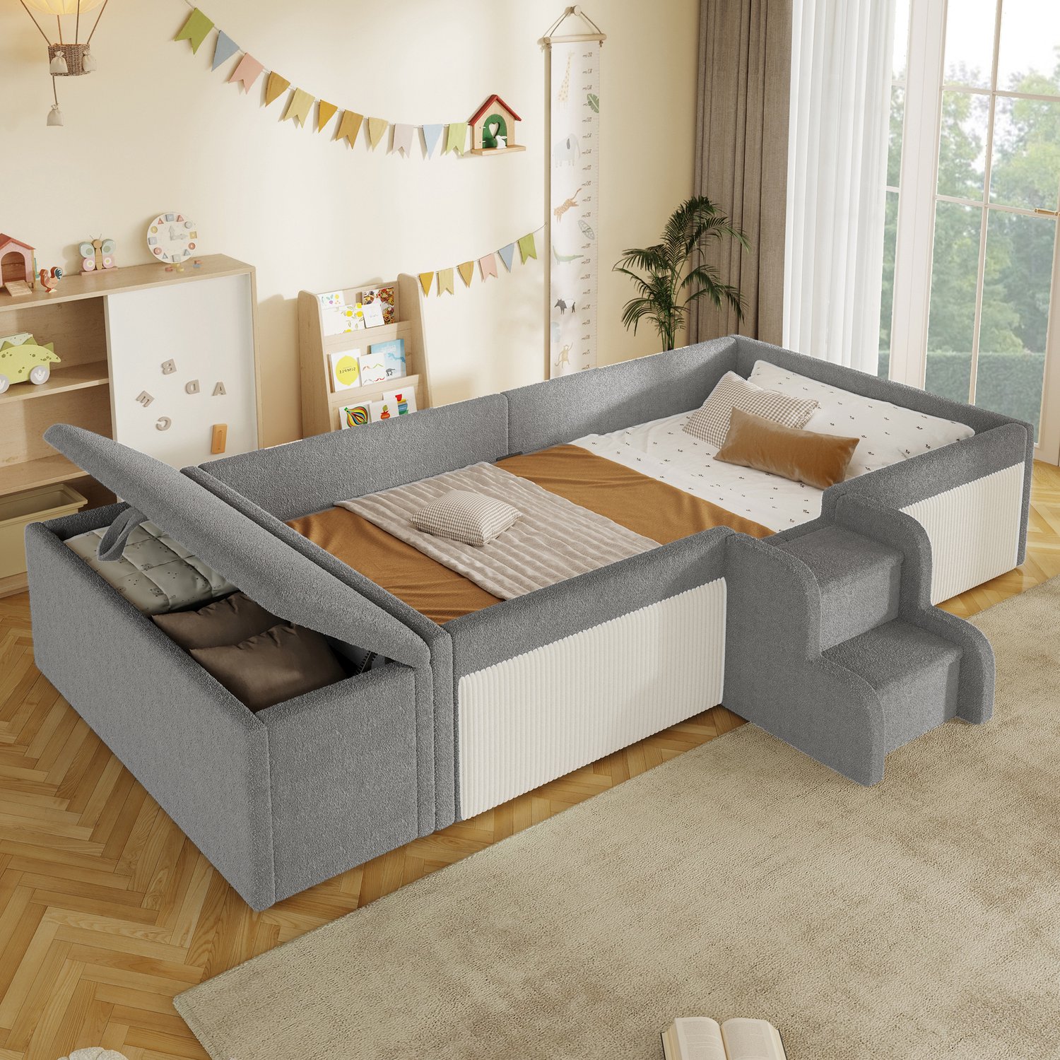 Zubaliya Gepolsterd bed, 90 x 190 cm, klein trappetje, bedbank met opbergruimte, zonder matras, bouclé, grijs