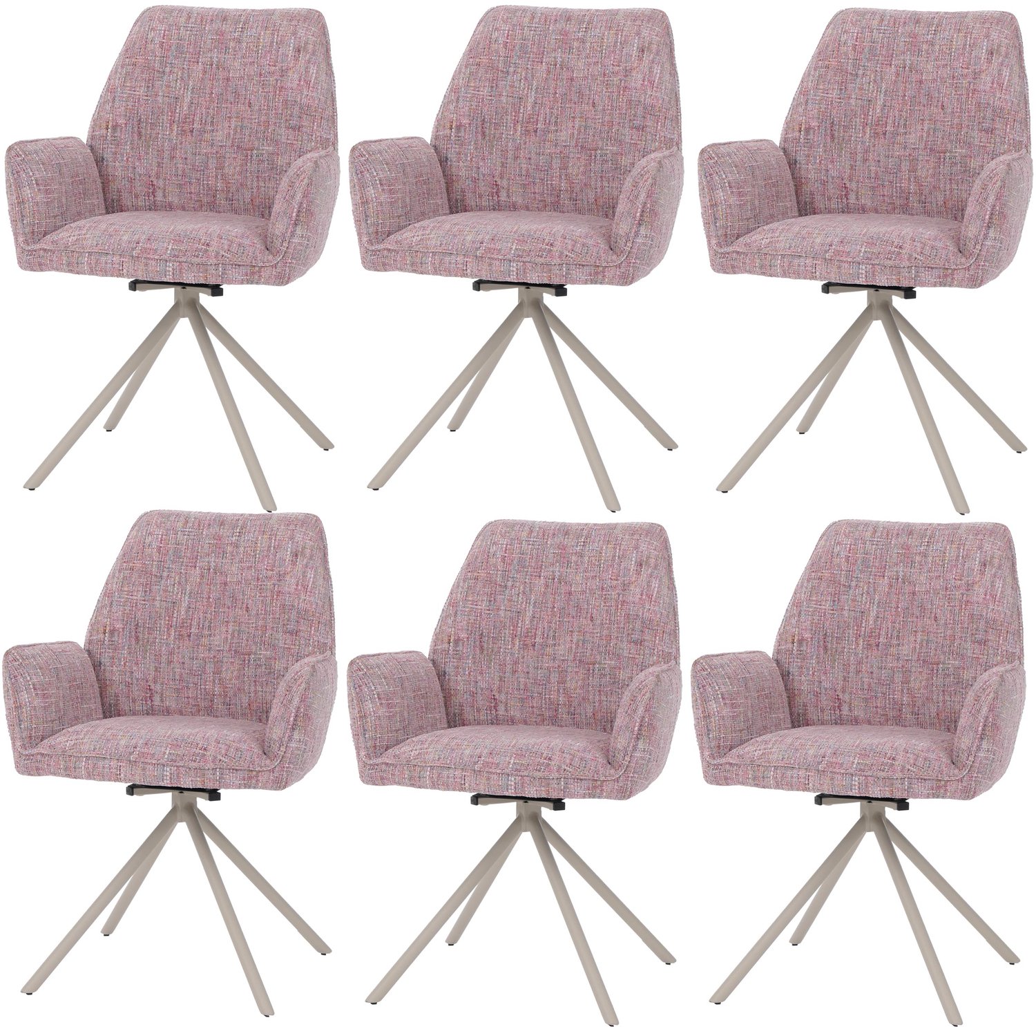 Set van 6 eetkamerstoelen MCW-G67, draaibaar, automatische positie, metaal, chenille (410 g/m²) ~ frame crème, roze
