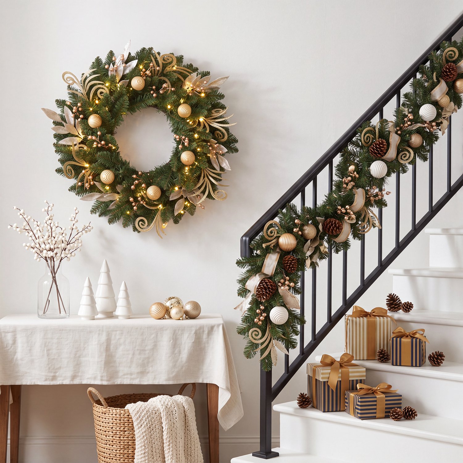 Moderne Kerstkrans 60 cm – Met Gouden Bladeren, Diamantdecoratie & Glitterballen – 50 LED Lampjes – Realistische Dennennaalden – Voor Voordeur, Muur & Raam – Goud – foto 4