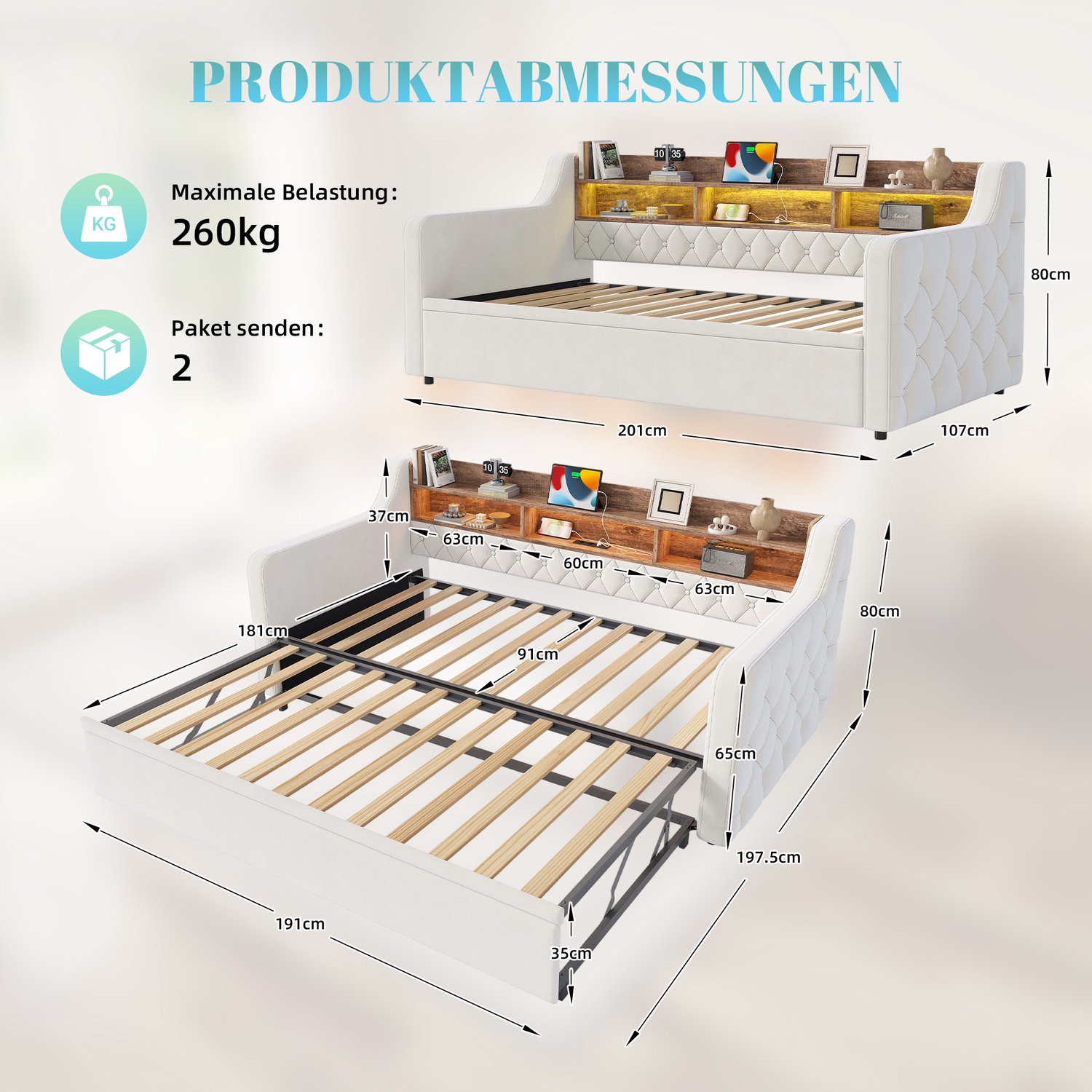 Clruro Gestoffeerde Bank - 90x190 cm - met Uitschuifbed - Opberghoofdbord, LED en USB-C - Velvet - Beige