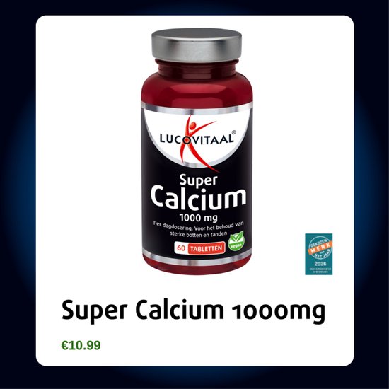 Lucovitaal Super Calcium 1000 mg, 60 tabletten in rode pot. Vegan. Geprezen merk van het jaar 2026.