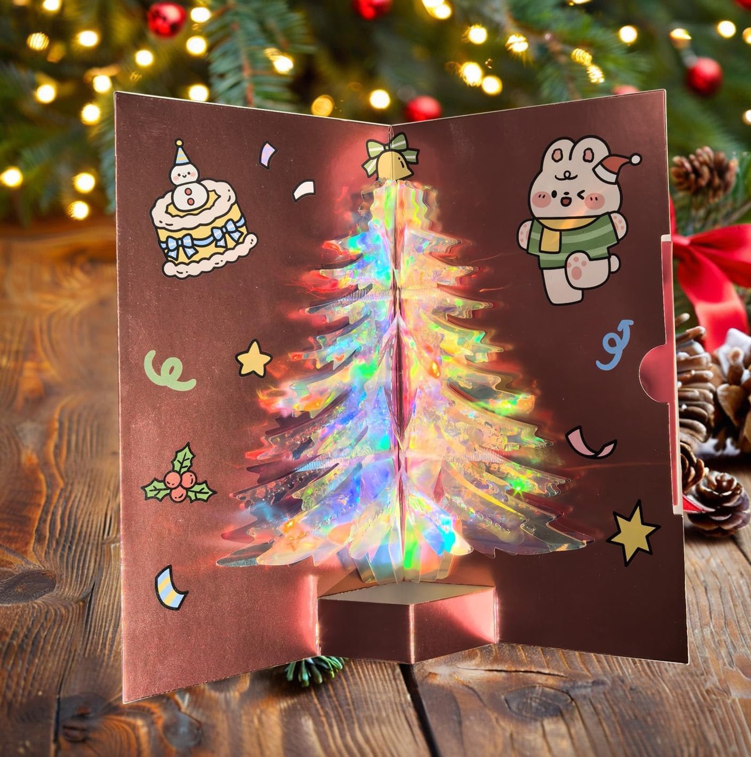 Pop-up kerstkaart, 3D-vrolijke kerstkaart, glinsterende kerstboomkaart, cartoon kerstwenskaart voor kinderen, kerstkaart als verpakking voor een waardebon of geldcadeau, rood