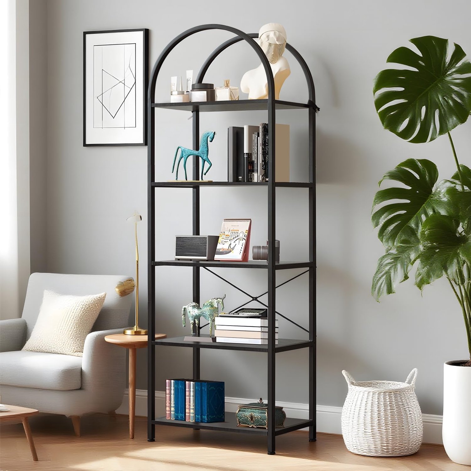 Boekenkast Gebogen 4 Planken Metalen Frame - Modern Design voor Kantoor Woonkamer of Slaapkamer - Zwart