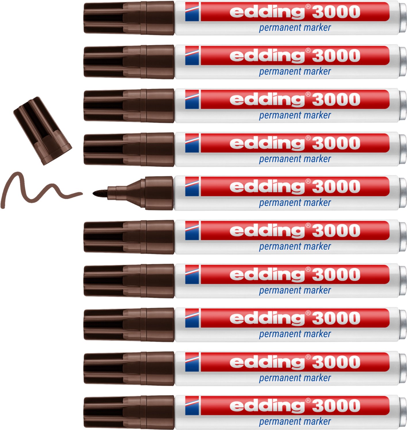edding 3000 permanent marker - donker-bruin - 10 stiften - ronde punt 1,5-3 mm - sneldrogende permanent marker - water- en wrijfvast - voor karton, kunststof, hout, metaal - universele marker