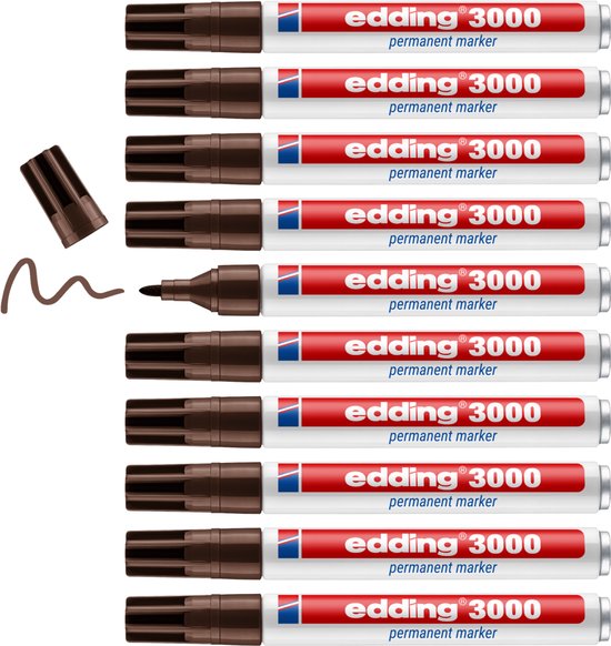 Tien bruine Edding 3000 permanente markers naast elkaar, met lijn en dop.