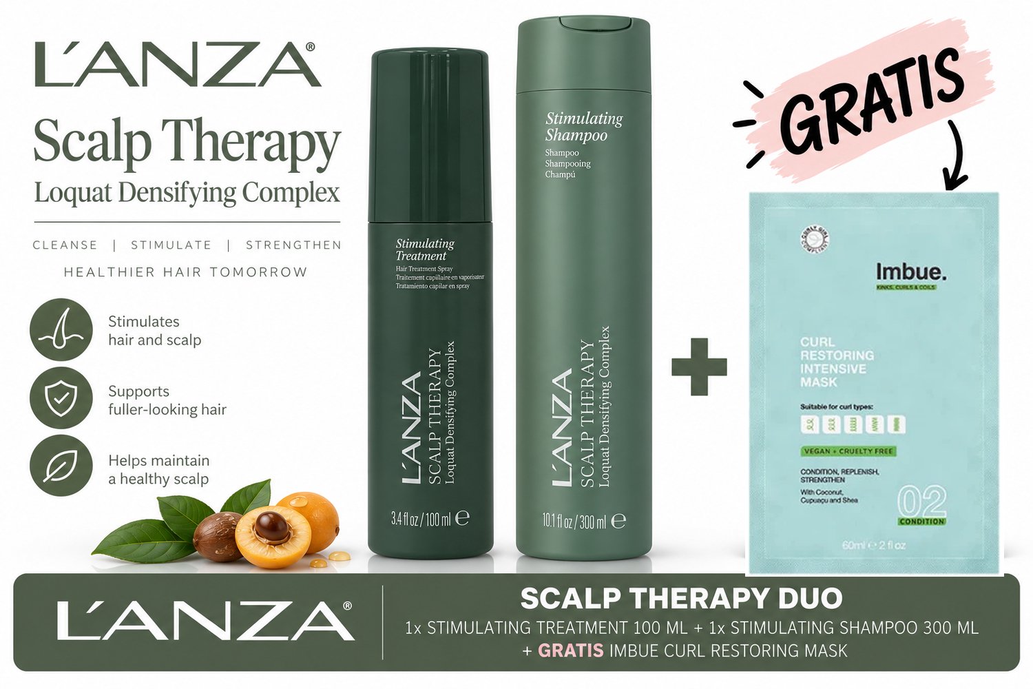 L’ANZA Scalp Therapy Stimulating Shampoo 300 ml + Stimulating Treatment 100 ml + GRATIS Imbue Mask Sachet