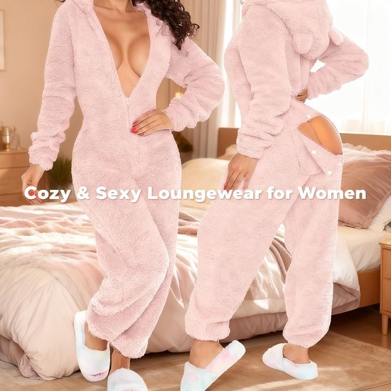 Women’s Fleece Onesie Pajamas with Butt Flap – Soft Hooded Sherpa Jumpsuit for Sleep & Lounge, Cozy Plush Romper — afbeelding 3