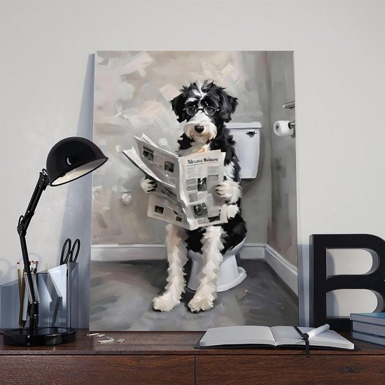 Poedel op canvas poster, poedel zittend op toiletbril en krant leest op canvas, muurkunst voor woonkamer slaapkamer, 30,5 cm lang — afbeelding 4