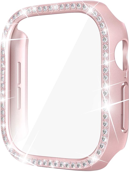 Roze Apple Watch-beschermhoes met glinsterende strass-steentjes en screenprotector.