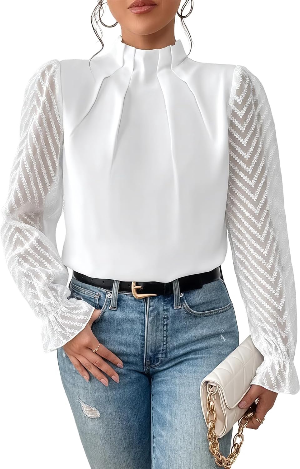 Witte Dames Chiffonbloes Met Lange Mouwen, Halve Hals En Kantmouwen