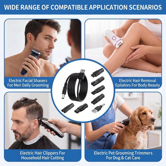 8 stuks universele oplader voor tondeuse met 7 reserveopzetstukken, stroomkabel 5 V, USB-kabel voor elektrisch scheerapparaat en tondeuse voor reizen, compatibel met Philips Braun Wahl Babyliss — afbeelding 5