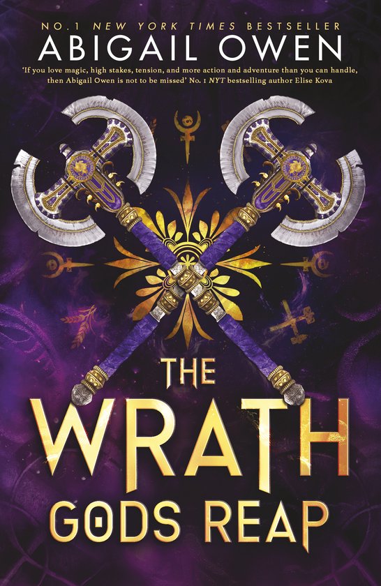 Boekomslag 'The Wrath Gods Reap' met twee kruisende strijdbijlen met gouden en paarse versieringen tegen een paarse achtergrond.