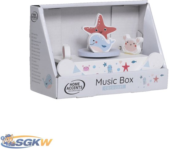 Home Accents Houten Muziekcarrousel – Muziekdoosje met Draaifiguurtjes – 17 cm – Zeedieren (Vis, Krab, Zeester, Walvis)