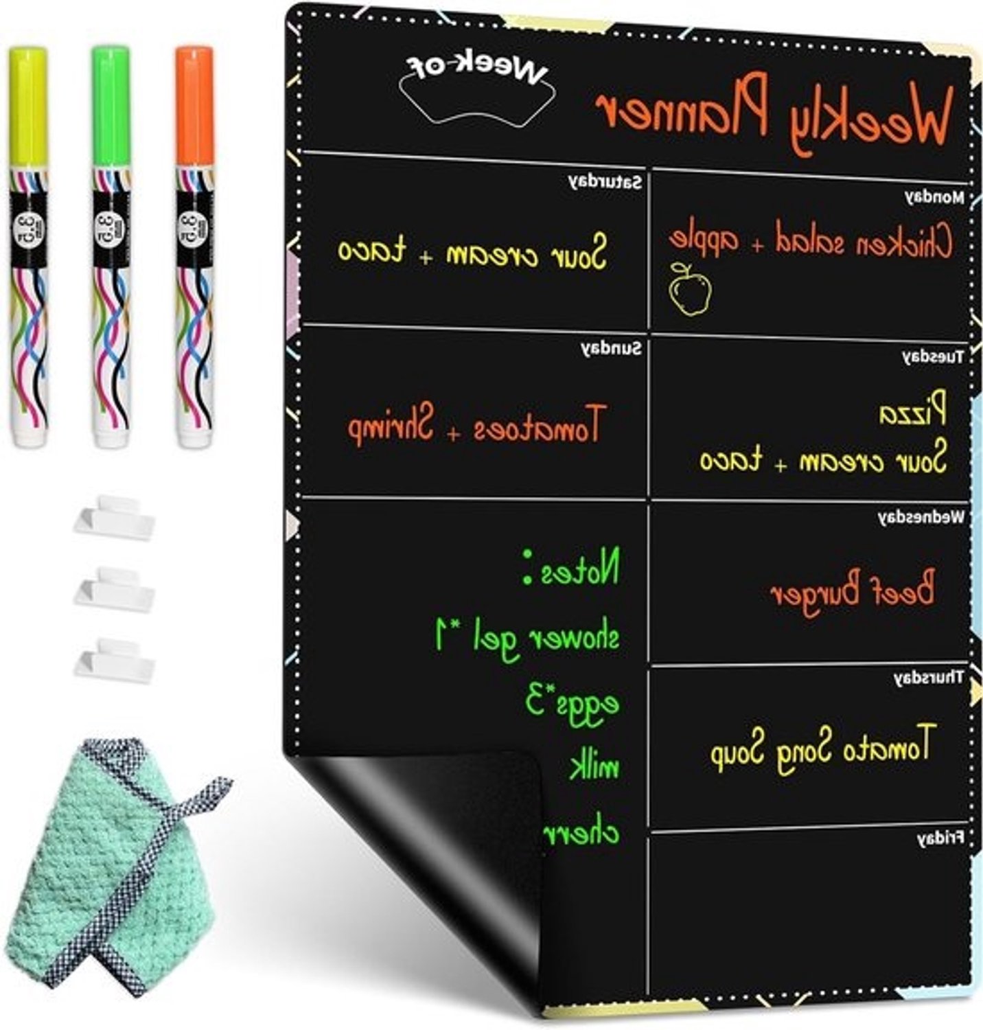 Magnetisch weekplanner voor de koelkast, A3-schoolbordkalender met 3 krijtmarkers, makkelijk afneembare takenlijst en boodschappenlijst, ideaal voor maaltijdplanning en organisatie
