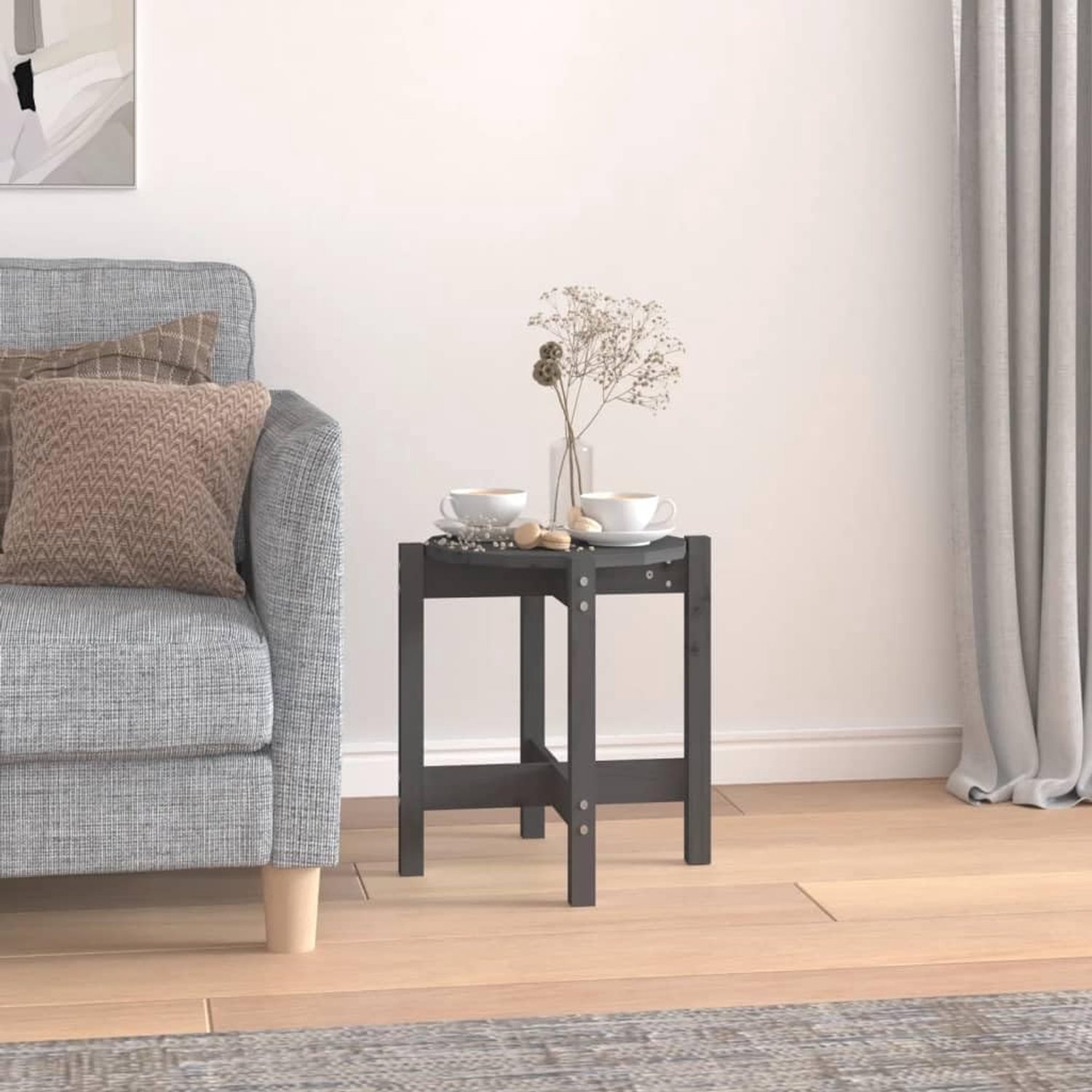 Banktafel voor woonkamer, bijzettafel, functionele tafel, salontafel, grijs, 42,5 x 45 cm, massief grenenhout, voor woonkamer, slaapkamer