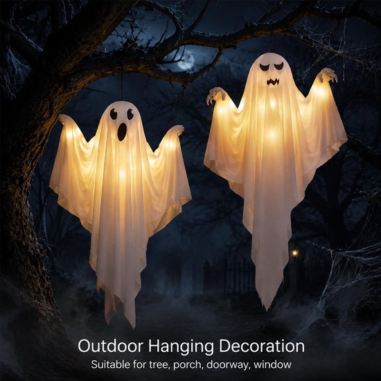 2 stuks Halloween decoratie outdoor geest, griezelige windzak, Halloween-decoraties hangend met led voor buiten, voortuin, terras, gazon, tuin, feestdecoratie — afbeelding 3